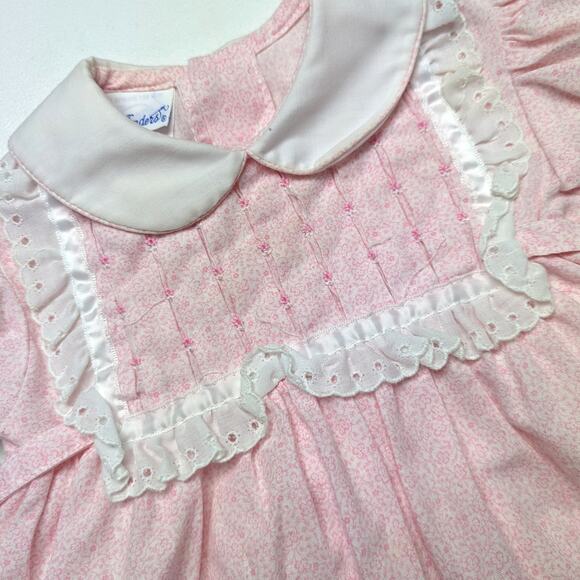 Vintage Polly Flinders Dress Baby Girls Size 12m Pink Calico Smocked - Picture 2 of 5